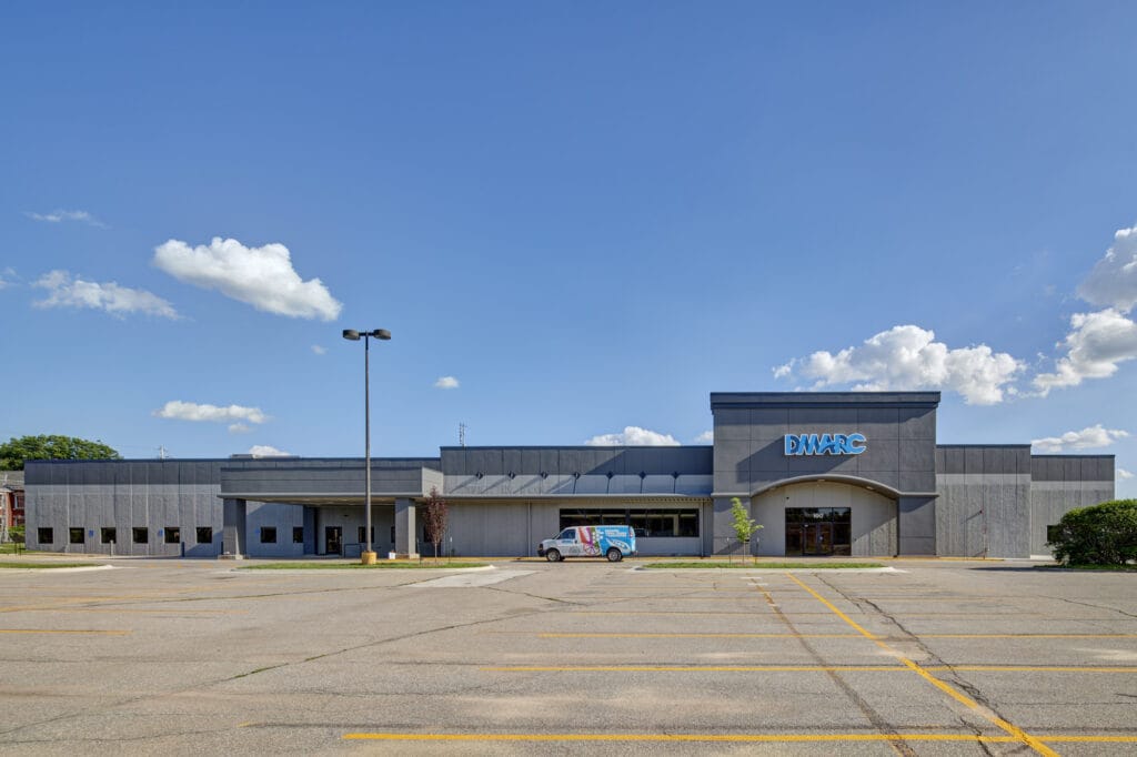 Wide view of the parking lot and building exterior